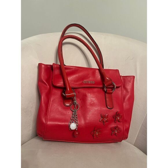 Guess Red Top Handle Bag Purse Floral - Picture 1 of 6